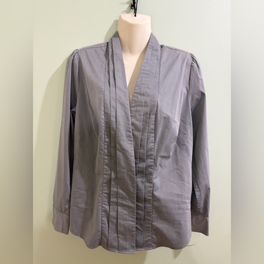 Worthington Women's Long Sleeve Cross Dye Grey Pleated V-neck Blouse Size L